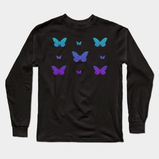 Purple Teal Ombre Faux Glitter Butterflies Long Sleeve T-Shirt